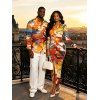 Vacation Couple Outfit Abstract Graffiti Print Turn Down Collar Ruched Bodycon Shirt Dress and Long Sleeve Shirt Set - multicolor S | US 4