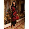 Vacation Dress Rose Floral Leaf Print Skew Neck Mesh Panel Long Sleeve Bodycon Dress - Noir M | US 6