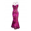 Vacation Dress Ink Wash Floral Print Mesh Cowl Neck Mermaid Slip Dress - Rouge Rose XXL | US 14