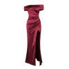 Vintage Party Satin Dress Solid Color Off the Shoulder Ruched High Slit Bodycon Dress - Rouge Vineux XL | US 12