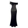 Vintage Party Satin Dress Solid Color Off the Shoulder Ruched High Slit Bodycon Dress - Noir S | US 4