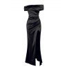 Vintage Party Satin Dress Solid Color Off the Shoulder Ruched High Slit Bodycon Dress - Noir S | US 4