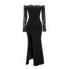 Elegant Party Dress Solid Color Scalloped Off the Shoulder Lace Sleeve High Bodycon Slit Dress - Noir S | US 4