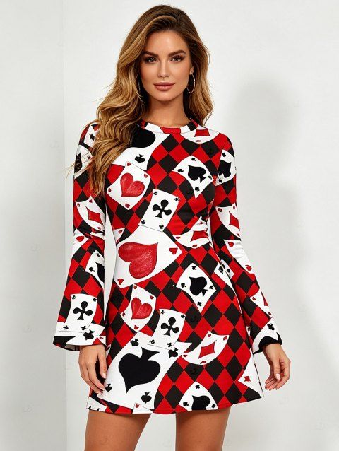 Vacation Dress Playing Cards Suit Argyle Print Bell Sleeve A Line Mini Dress