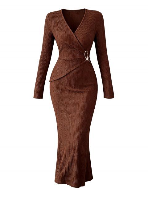 Elegant Dress Solid Color Surplice Metal Ring Plunging Neck Long Sleeve Bodycon Dress