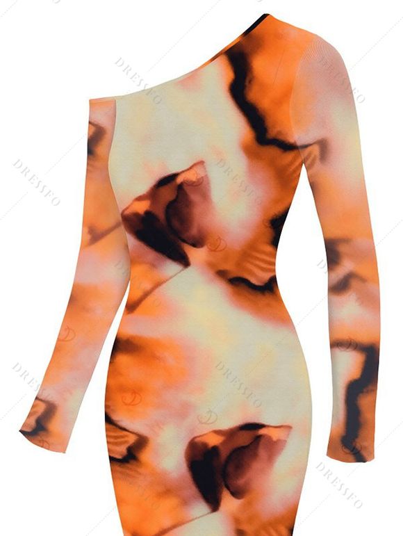 Vacation Dress Abstract Tie Dye Print Mesh Skew Neck Long Sleeve Bodycon Dress - Orange XXL | US 14