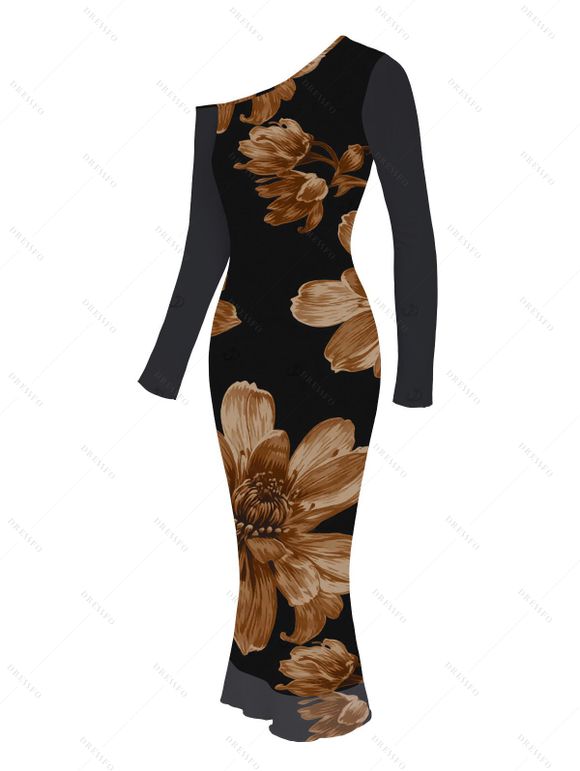 Vacation Dress Vintage Floral Print Mesh Skew Neck Long Sleeve Bodycon Dress - Noir XXL | US 14