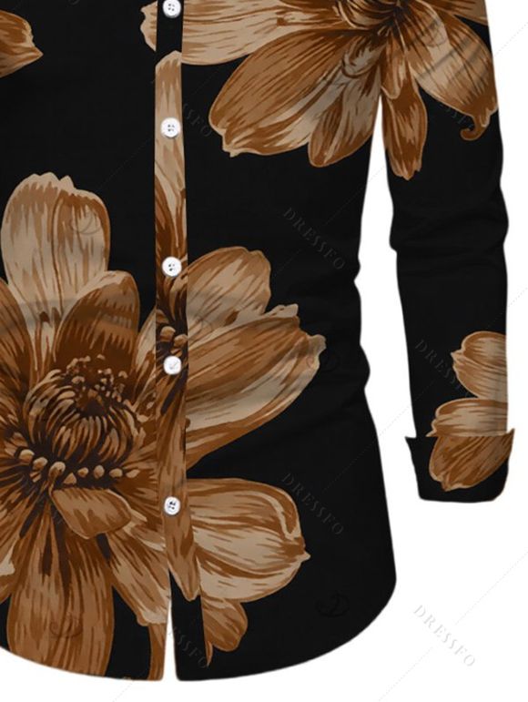 Men's Vacation Shirt Vintage Floral Print Button Up Long Sleeve Shirt - Noir L