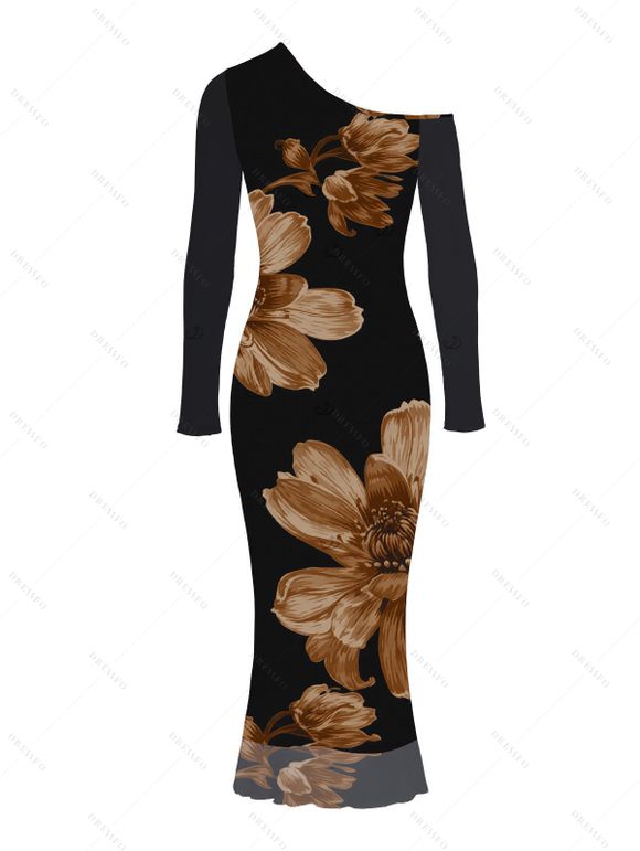 Vacation Dress Vintage Floral Print Mesh Skew Neck Long Sleeve Bodycon Dress - Noir XXL | US 14