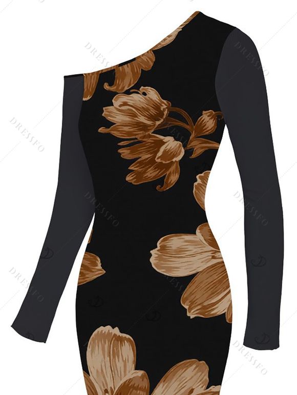 Vacation Dress Vintage Floral Print Mesh Skew Neck Long Sleeve Bodycon Dress - Noir XXL | US 14