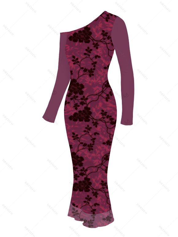 Vintage Dress Floral Leaf Print Mesh Skew Neck Long Sleeve Bodycon Dress - BYZANTINE XXL | US 14