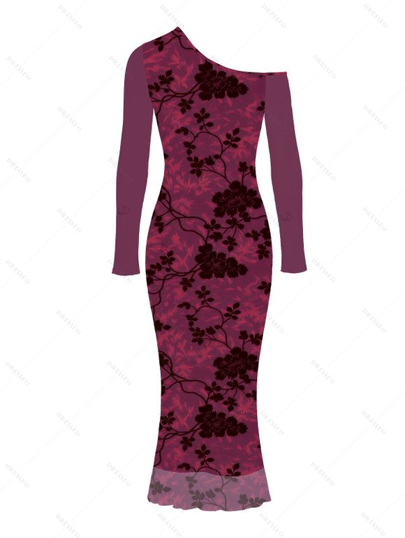 Vintage Dress Floral Leaf Print Mesh Skew Neck Long Sleeve Bodycon Dress - BYZANTINE XXL | US 14