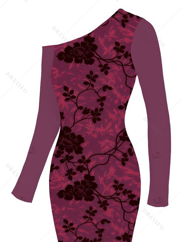 Vintage Dress Floral Leaf Print Mesh Skew Neck Long Sleeve Bodycon Dress - BYZANTINE XXL | US 14