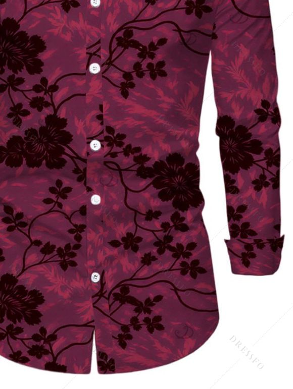 Men's Vintage Shirt Floral Leaf Print Button Up Long Sleeve Shirt - BYZANTINE S
