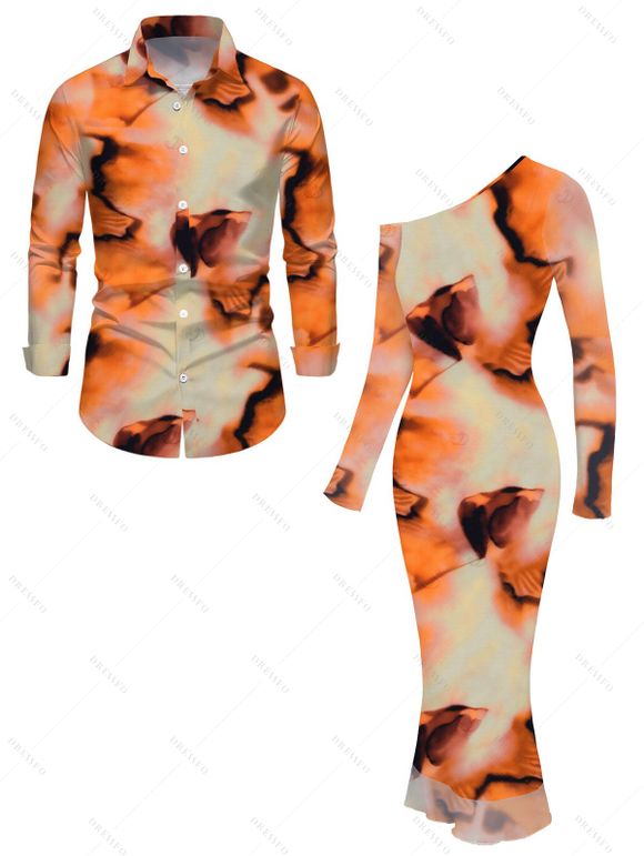 Vacation Couple Outfit Abstract Tie Dye Print Mesh Skew Neck Bodycon Dress and Long Sleeve Shirt Set - Orange S | US 4