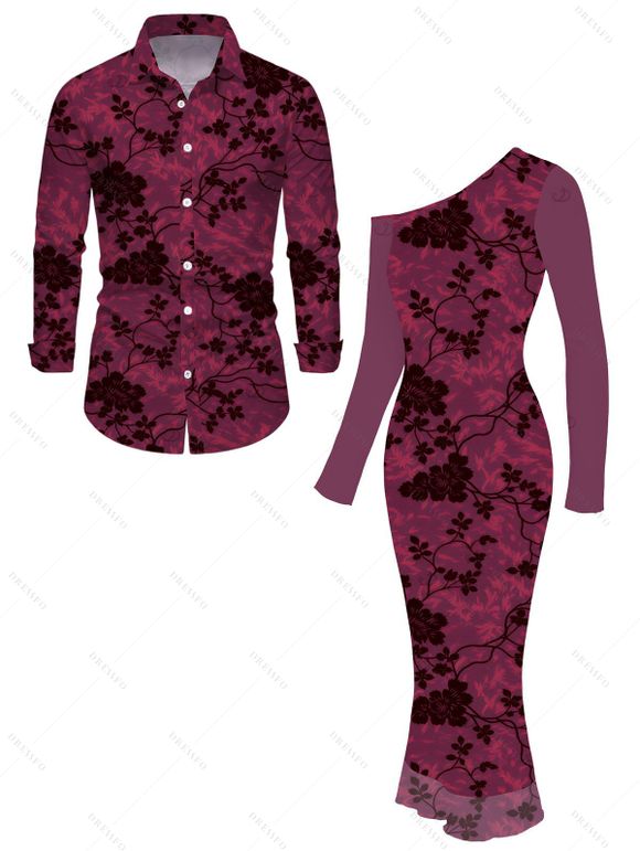 Vintage Couple Outfit Floral Leaf Print Mesh Skew Neck Bodycon Dress and Long Sleeve Shirt Set - BYZANTINE S | US 4