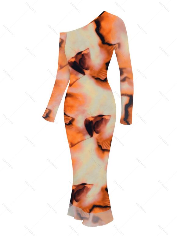Vacation Couple Outfit Abstract Tie Dye Print Mesh Skew Neck Bodycon Dress and Long Sleeve Shirt Set - Orange S | US 4