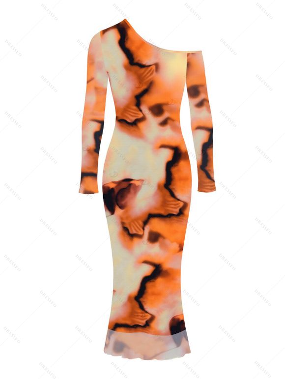 Vacation Couple Outfit Abstract Tie Dye Print Mesh Skew Neck Bodycon Dress and Long Sleeve Shirt Set - Orange S | US 4