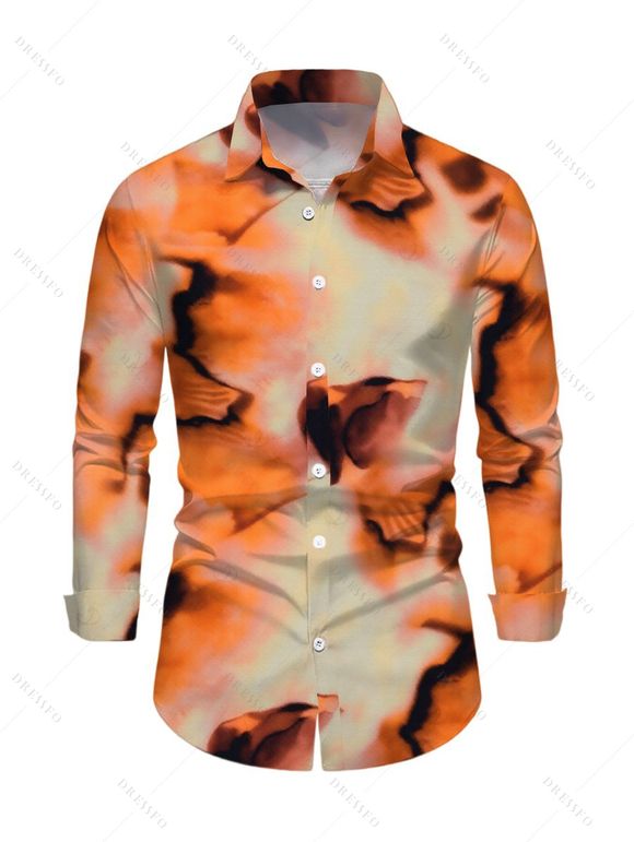 Vacation Couple Outfit Abstract Tie Dye Print Mesh Skew Neck Bodycon Dress and Long Sleeve Shirt Set - Orange S | US 4