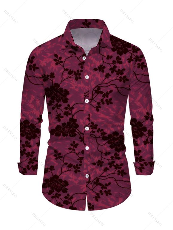 Vintage Couple Outfit Floral Leaf Print Mesh Skew Neck Bodycon Dress and Long Sleeve Shirt Set - BYZANTINE S | US 4