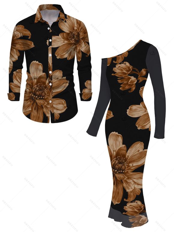 Vacation Couple Outfit Vintage Floral Print Mesh Skew Neck Bodycon Dress and Long Sleeve Shirt Set - Noir S | US 4