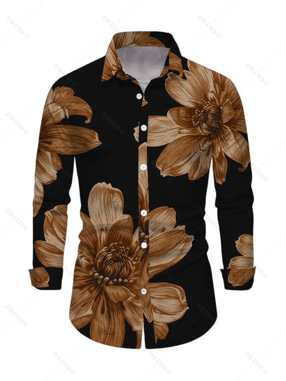 Vacation Couple Outfit Vintage Floral Print Mesh Skew Neck Bodycon Dress and Long Sleeve Shirt Set - Noir S | US 4