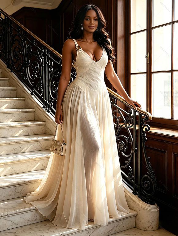 Elegant Party Dress Solid Color Mesh Panel Plunging Neck A Line Maxi Dress - Blanc M | US 6