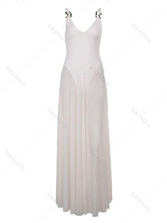 Elegant Party Dress Solid Color Mesh Panel Plunging Neck A Line Maxi Dress - Blanc M | US 6