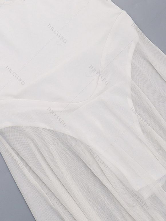 Elegant Party Dress Solid Color Mesh Panel Plunging Neck A Line Maxi Dress - Blanc M | US 6