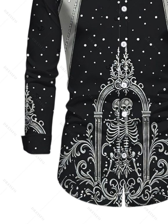 Men's Gothic Shirt Skeleton Skull Polka Dots Printed Button Up Long Sleeve Shirt - Noir XL