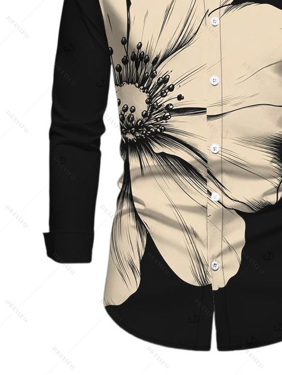 Men's Casual Shirt Sketch Floral Print Button Up Long Sleeve Shirt - Noir L