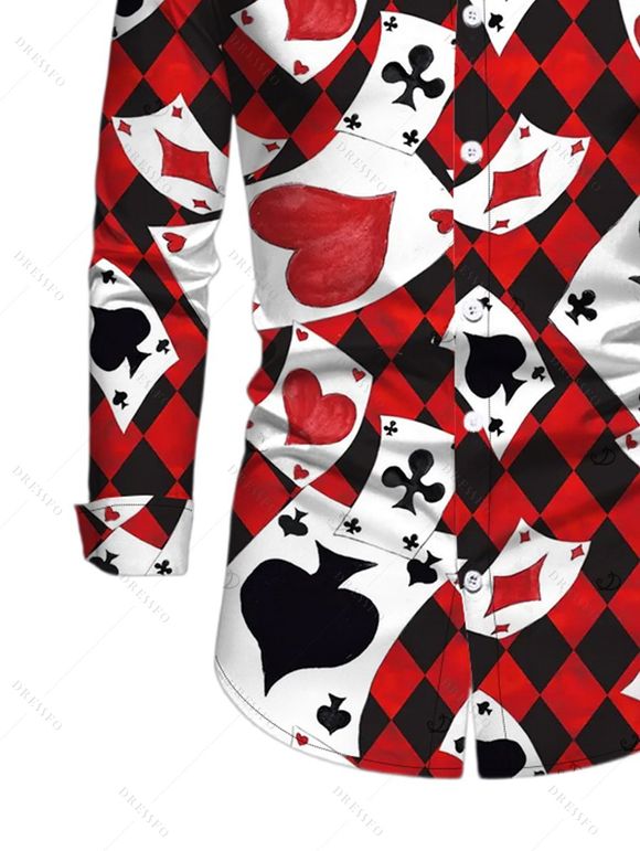 Men's Vacation Shirt Playing Cards Suit Argyle Print Button Up Long Sleeve Shirt - Rouge Vineux S