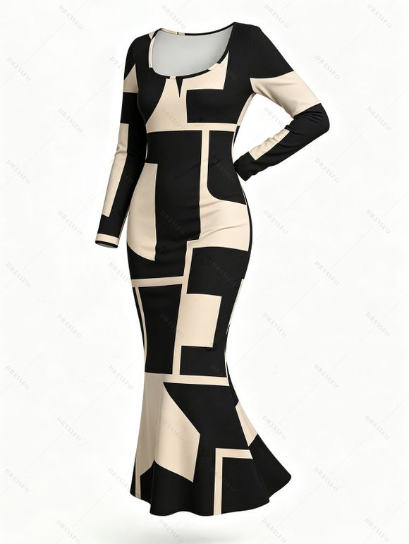 Commute Dress Colorblock Geometric Print Scoop Neck Long Sleeve Bodycon Dress - Noir XXL | US 14