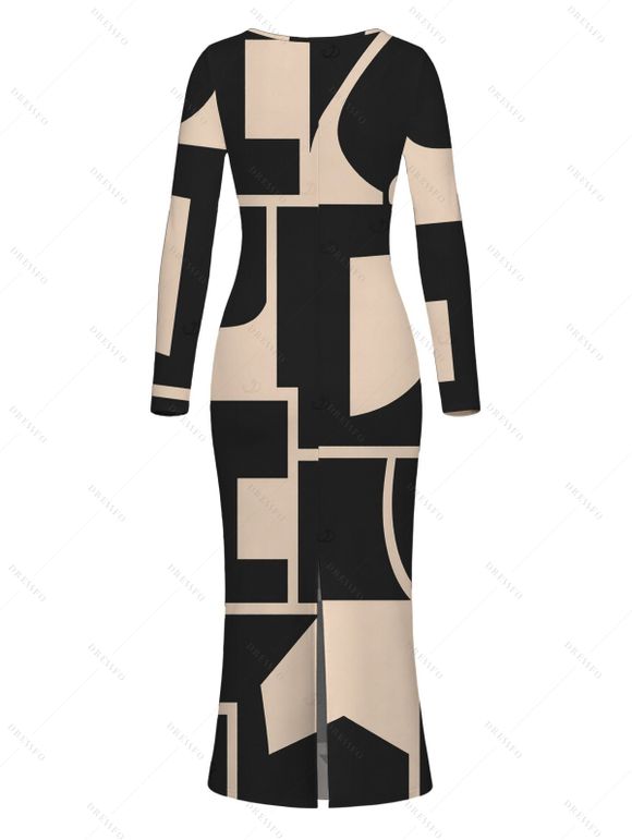 Commute Dress Colorblock Geometric Print Scoop Neck Long Sleeve Bodycon Dress - Noir XXL | US 14