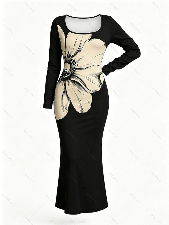 Elegant Dress Sketch Floral Print Scoop Neck Long Sleeve Bodycon Dress - Noir S | US 4