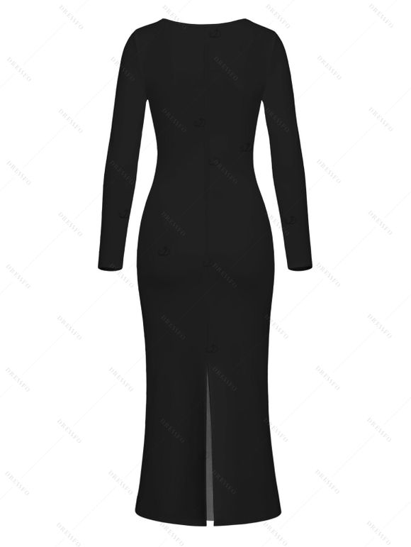 Elegant Dress Sketch Floral Print Scoop Neck Long Sleeve Bodycon Dress - Noir S | US 4