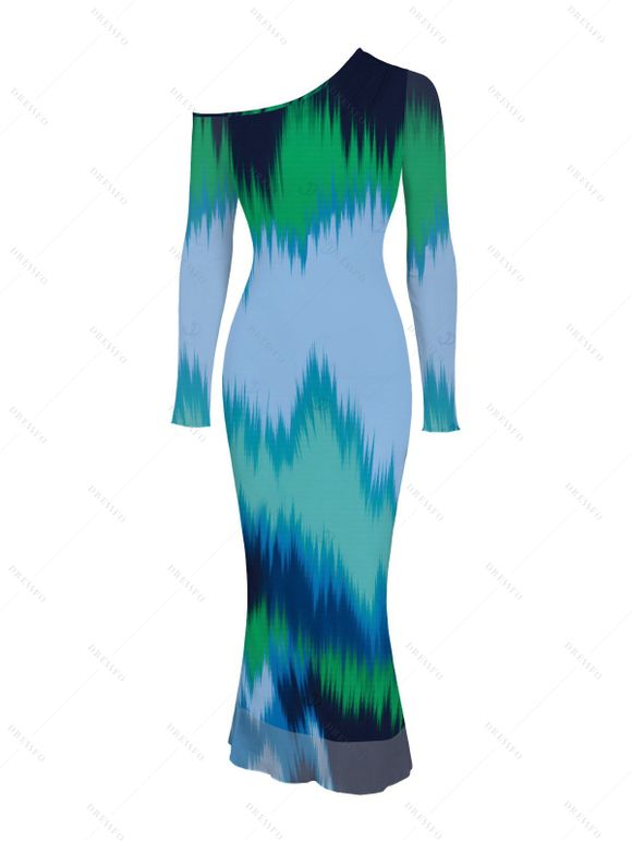 Vintage Party Dress Ombre Tie Dye Zig Zag Print Mesh Skew Neck Long Sleeve Bodycon Dress - multicolor A S | US 4