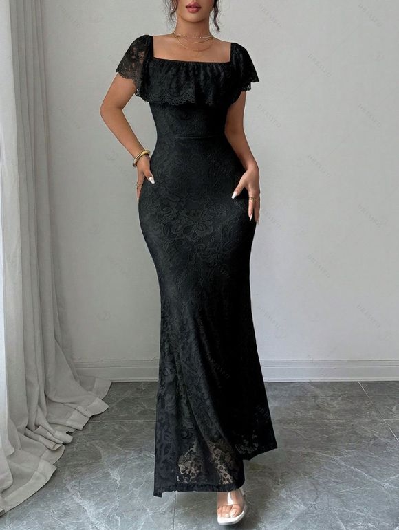 Elegant Dress Solid Color Flounce Off the Shoulder Lace Panel Bodycon Maxi Dress - Noir XXL | US 14