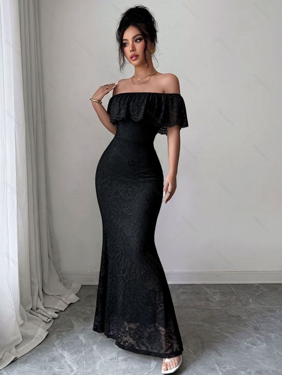 Elegant Dress Solid Color Flounce Off the Shoulder Lace Panel Bodycon Maxi Dress - Noir XXL | US 14