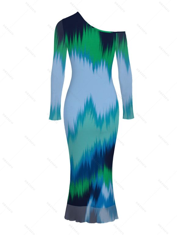 Vintage Party Dress Ombre Tie Dye Zig Zag Print Mesh Skew Neck Long Sleeve Bodycon Dress - multicolor A S | US 4