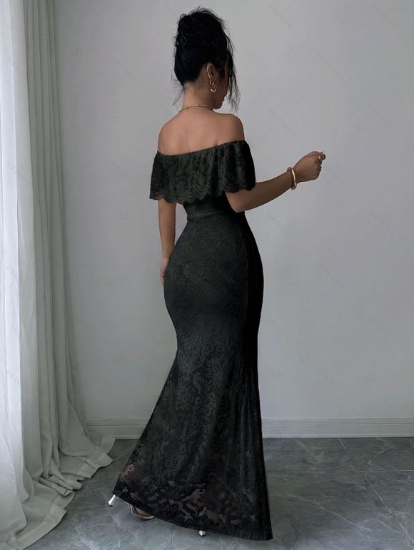Elegant Dress Solid Color Flounce Off the Shoulder Lace Panel Bodycon Maxi Dress - Noir XXL | US 14