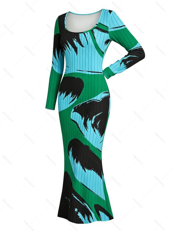 Vacation Dress Colorblock Abstract Palm Leaf Striped Print Scoop Neck Long Sleeve Bodycon Dress - multicolor A L | US 8-10