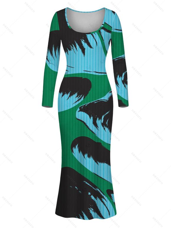 Vacation Dress Colorblock Abstract Palm Leaf Striped Print Scoop Neck Long Sleeve Bodycon Dress - multicolor A L | US 8-10