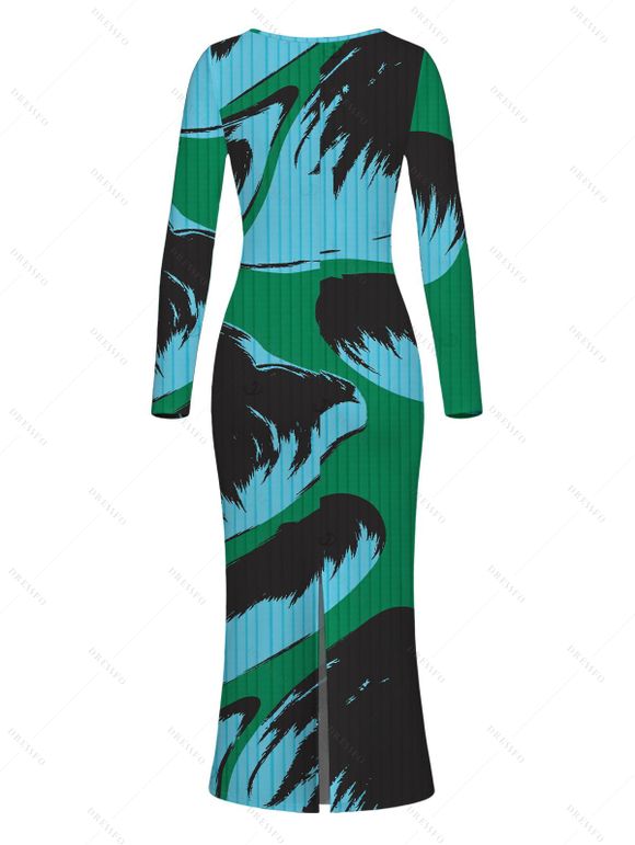 Vacation Dress Colorblock Abstract Palm Leaf Striped Print Scoop Neck Long Sleeve Bodycon Dress - multicolor A L | US 8-10