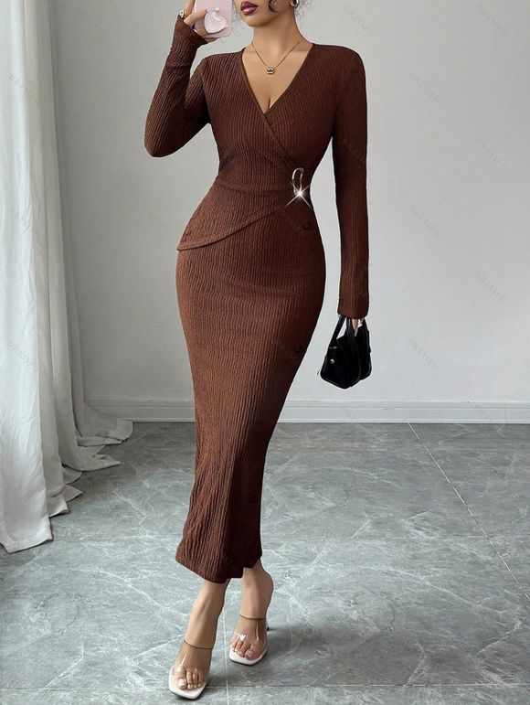 Elegant Dress Solid Color Surplice Metal Ring Plunging Neck Long Sleeve Bodycon Dress - Couleur Caramel XXL | US 14