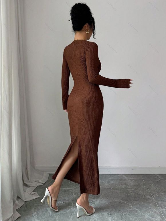 Elegant Dress Solid Color Surplice Metal Ring Plunging Neck Long Sleeve Bodycon Dress - Couleur Caramel XXL | US 14