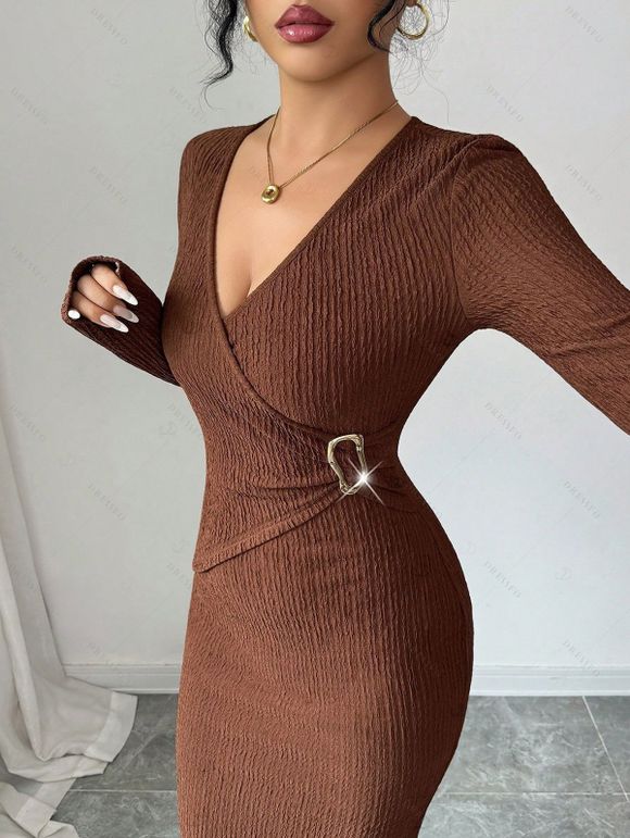 Elegant Dress Solid Color Surplice Metal Ring Plunging Neck Long Sleeve Bodycon Dress - Couleur Caramel XXL | US 14