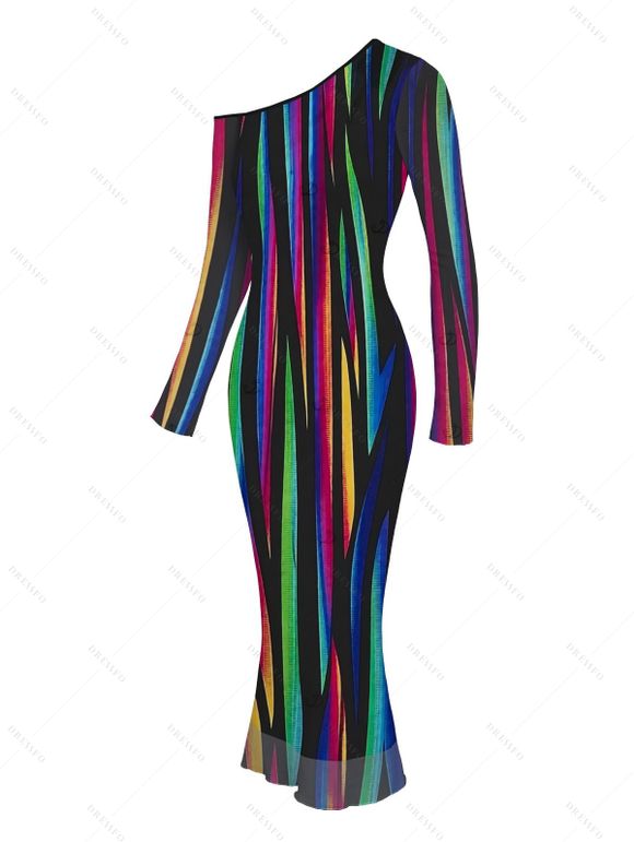 Vacation Party Dress Abstract Multicolor Striped Print Mesh Skew Neck Long Sleeve Bodycon Dress - Noir XXL | US 14