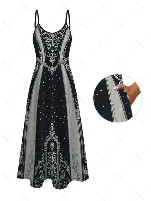 Halloween Gothic Party Dress Skeleton Skull Polka Dots Printed V Neck Pocket A Line Dress - Noir S | US 4