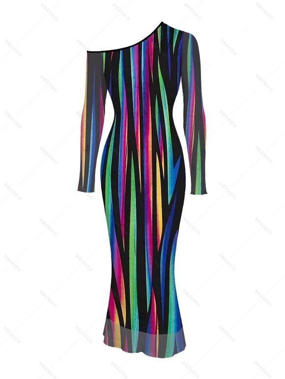 Vacation Party Dress Abstract Multicolor Striped Print Mesh Skew Neck Long Sleeve Bodycon Dress - Noir XXL | US 14
